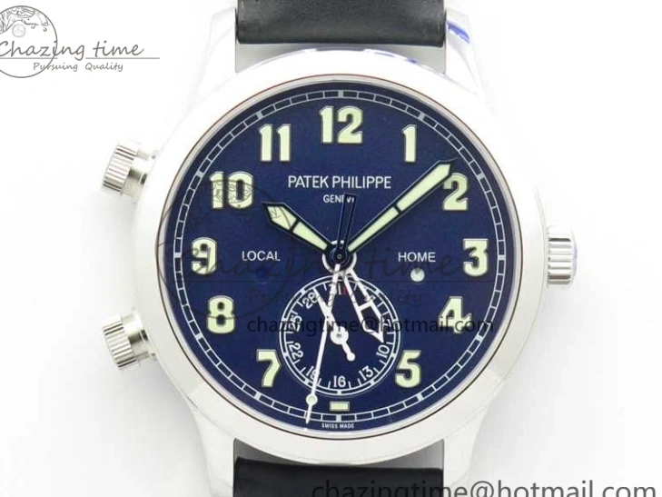 MIROTIME 0120 Practical Calatrava 5524 Pilot Travel Time SS GRF Blue Dial on Black Leather Strap A324 V 7107